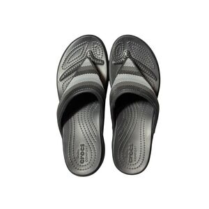 Crocs Dual Comfort Women 7 Black Grey Striped Mesh V-Strap Flip Flop Sandals